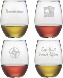 Susquehanna Glass "Travel Icons" Set of 4 Stemless Wine Glasses