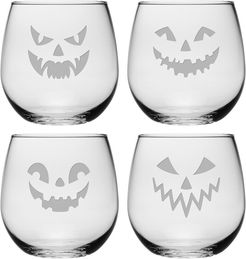 Susquehanna Glass Company Set of 4 Scary Faces Assortment Stemless Wine Glasses
