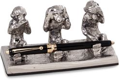 Bey-Berk Antique Silver Plated See, Hear & Speak No Evil Monkey Pen Holder