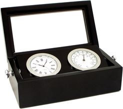 Bey-Berk Chrome Clock & Thermometer in Black Hinged Box