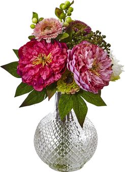 Nearly Natural Peony and Mum in Glass Vase