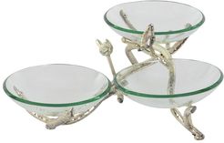 UMA Glam Frosted Green Glass Triple Bowl With Silver Iron Twig Holders And Stand