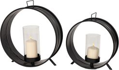 UMA Set Of 2 Large Industrial Black Metal Circle Sculpture Glass Candle Holders