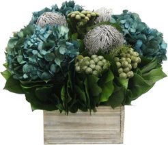 Banksia, Brunia, & Hydrangea in Short Wooden Container