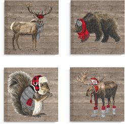 Stupell Wilderness Cold Stylish Animals in Buffalo Plaid 4pc Stretched Canvas Art Set