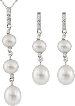 Splendid Pearls Rhodium Over Silver 5.5-8.5mm Pearl Necklace & Earrings Set