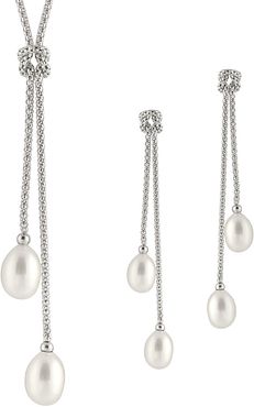 Splendid Pearls Silver 7.5-8mm Freshwater Pearl Drop Earrings & Necklace Set