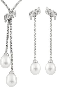 Splendid Pearls Silver 7-9mm Freshwater Pearl & CZ Earrings & Necklace Set Set