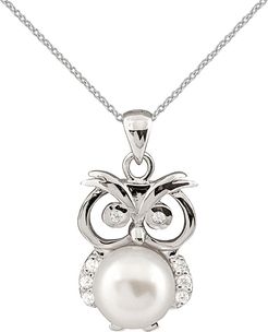 Splendid Pearls Rhodium Plated 8-8.5mm Freshwater Pearl Owl Pendant