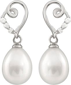 Splendid Pearls Rhodium Plated 8-8.5mm Pearl & CZ Earrings
