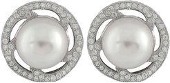 Splendid Pearls Rhodium Plated 7-7.5mm Pearl & CZ Earrings