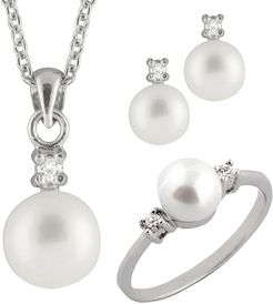 Silver 6.5-7.5mm Freshwater Pearl & CZ Ring, Earrings, & Necklace Set