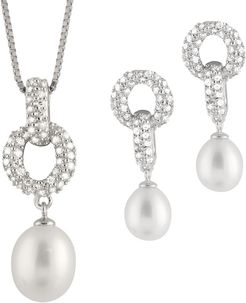 Splendid Pearls Silver 8-8.5mm Freshwater Pearl & CZ Earrings & Necklace Set