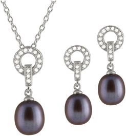 Splendid Pearls Rhodium Plated Silver 8-8.5mm Pearl Drop Earrings & Necklace Set