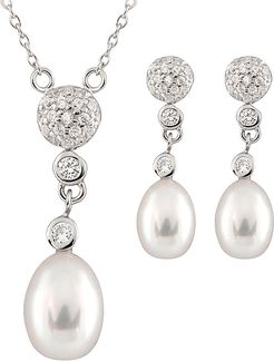 Rhodium Plated Silver 7.5-8.5mm Freshwater Pearl & CZ Drop Earrings & Necklace Set