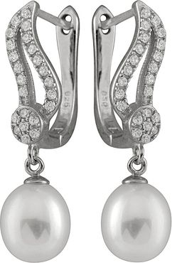 Splendid Pearls Rhodium Plated Silver 7.5-8mm Freshwater Pearl & CZ Drop Earrings