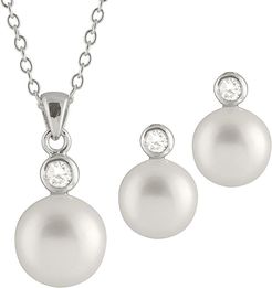 Splendid Pearls Silver 8-8.5mm Freshwater Pearl & CZ Earrings & Necklace Set