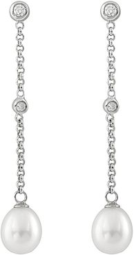 Splendid Pearls Rhodium Plated Silver 7-7.5mm Pearl & CZ Drop Earrings