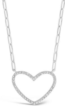 Sterling Forever CZ Open Heart Chain Link Pendant Necklace