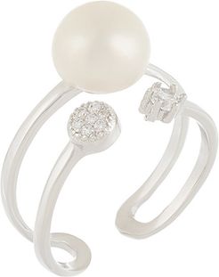 Splendid Pearls Rhodium Plated 8-8.5mm Pearl & CZ Ring