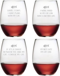 Susquehanna Glass Set of 4 Cat Tales Assortment Stemless Wine Tumblers