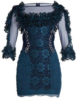 Contrast-panel Ring-embellished Lace Mini Dress - Womens - Navy