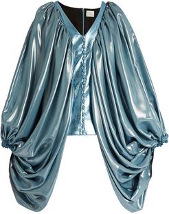 Balloon-sleeve Silk-blend And Faux-leather Top - Womens - Blue