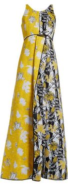 Tropical Floral-jacquard Gown - Womens - Yellow Multi