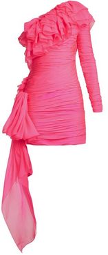 One-shoulder Tiered-ruffle Mini Dress - Womens - Pink