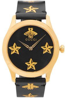 G-timeless Bee And Star-print Leather Watch - Mens - Black Multi
