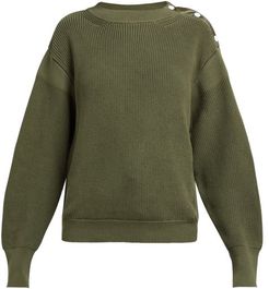 Button-trim Ribbed-knit Cotton Sweater - Womens - Dark Green