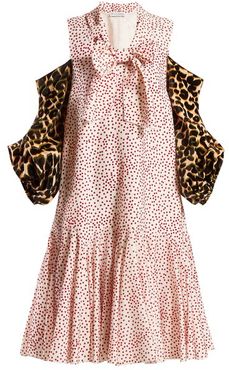 Leopard-print Sleeve Polka-dot Dress - Womens - Pink Multi