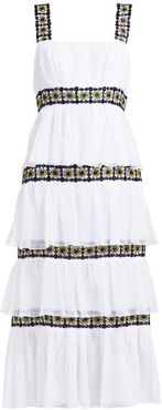 Floral-beaded Tiered Silk-chiffon Midi Dress - Womens - White Black