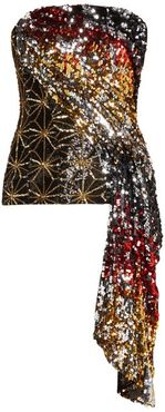 Sequinned Asymmetric-draped Bustier Top - Womens - Gold Multi