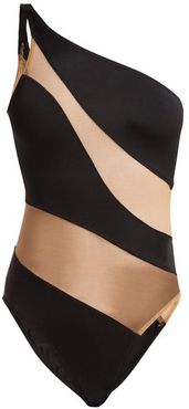 Mio One-shoulder Mesh Panelled Swimsuit - Womens - Black Nude