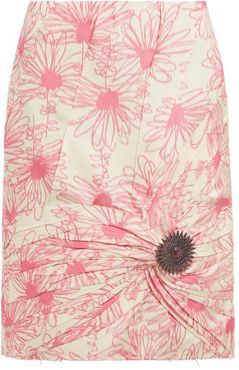 Brooch-embellished Floral-print Silk Skirt - Womens - Pink White