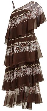 Tiered Diamond-print Silk Gown - Womens - Brown Multi