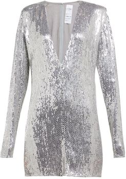 Sequinned Plunge-neck Mini Dress - Womens - Silver