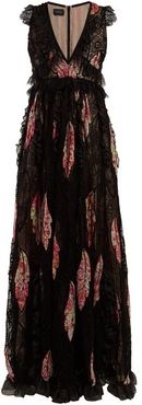 Floral-print Lace-trimmed Silk Gown - Womens - Black Multi