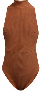 Kate High-neck Ribbed Swimsuit - Womens - Camel
