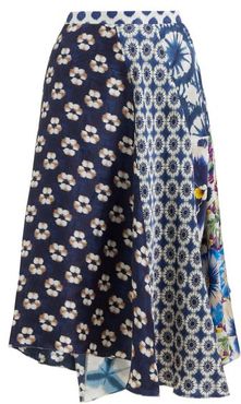 Mariko Asymmetric Floral-print Silk Skirt - Womens - Navy Multi