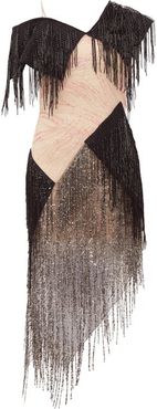 Asymmetric Bead-fringed Gauze Dress - Womens - Black Pink