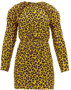 Ruffled Leopard-print Crepe Mini Dress - Womens - Yellow