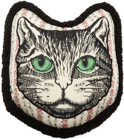 Embroidered-cat Floral-print Satin Cushion - Ivory Multi