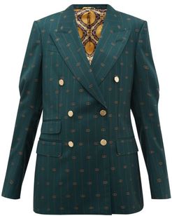 GG-pinstripe Double-breasted Wool-twill Blazer - Womens - Green Multi