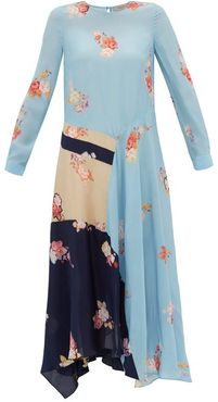 Selena Contrast-panel Floral-print Dress - Womens - Blue Multi