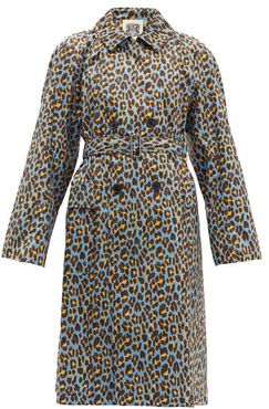 Leopard-print Cotton Trench Coat - Womens - Blue Multi