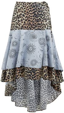 Leopard And Moon-print Dip-hem Cotton Skirt - Womens - Blue Multi