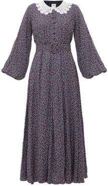 Lace-collar Polka-dot Maxi Dress - Womens - Blue Print