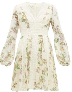 Floral-print Lace-insert Silk Dress - Womens - Ivory Multi